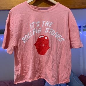Rolling Stones Raw Hem Cropped Pink Tee